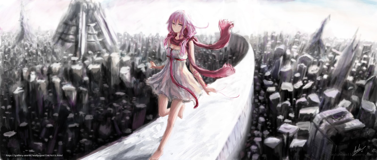 pink-haired girl on a bridge