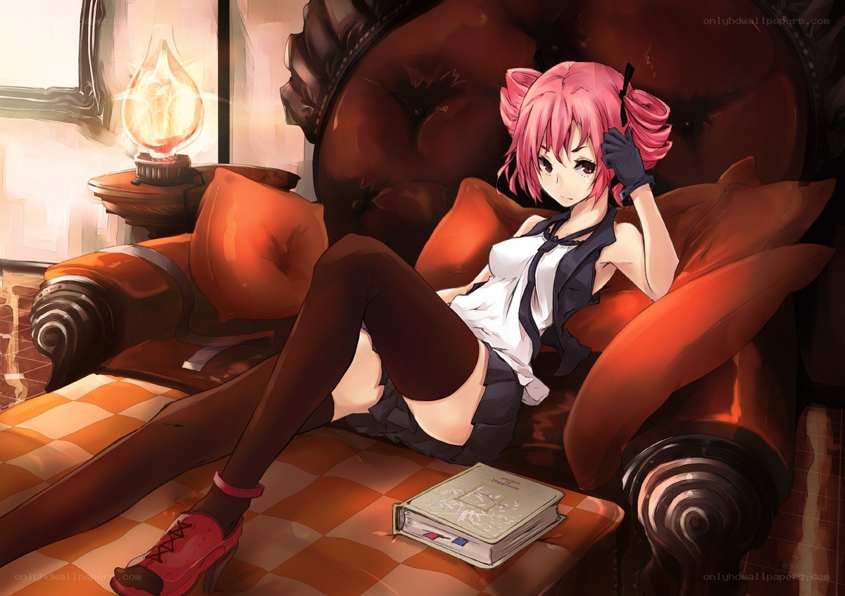 Pink-haired girl on a couch