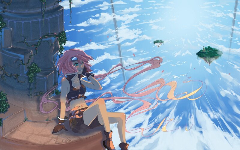 pink-haired girl on a floating island