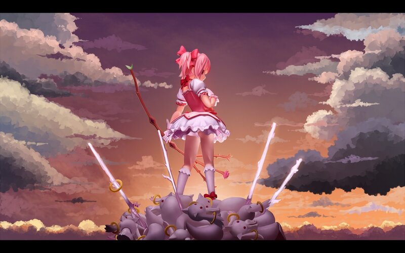 Pink-haired girl on a pile of swords