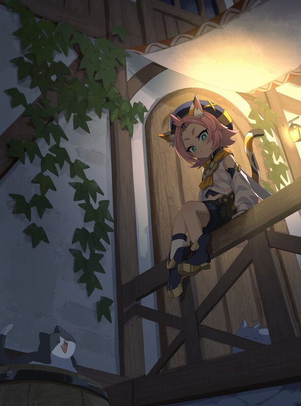Pink-haired Girl on Balcony — Brown