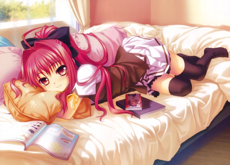 Pink-haired girl on bed