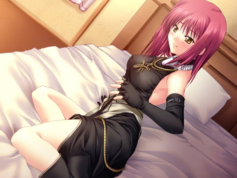 pink-haired girl on bed