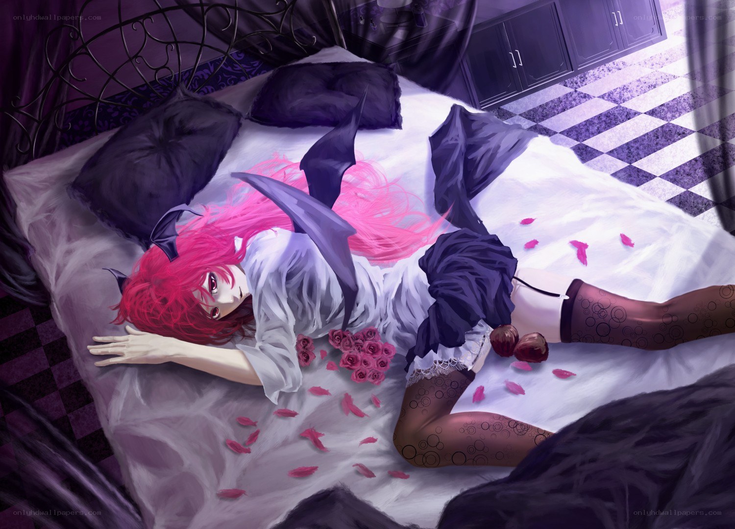 pink-haired girl on bed