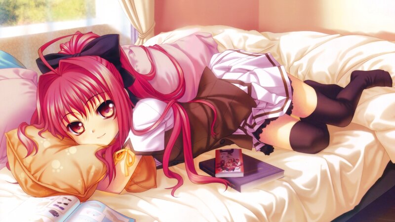 Pink-haired Girl on Bed — Pink, Calm, Morning, Anime