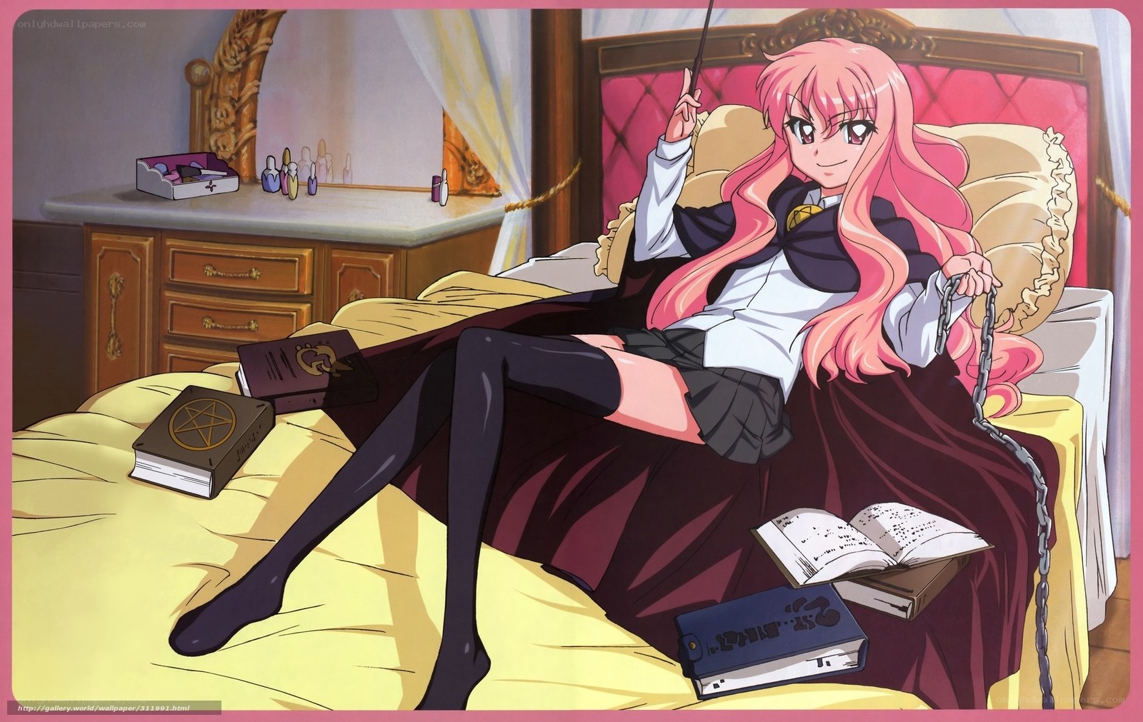 pink-haired girl on bed