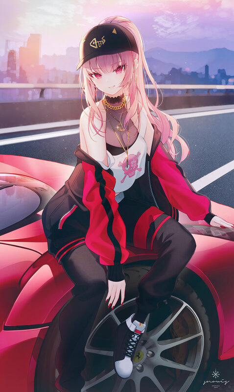 Pink-haired Girl on Car — Red