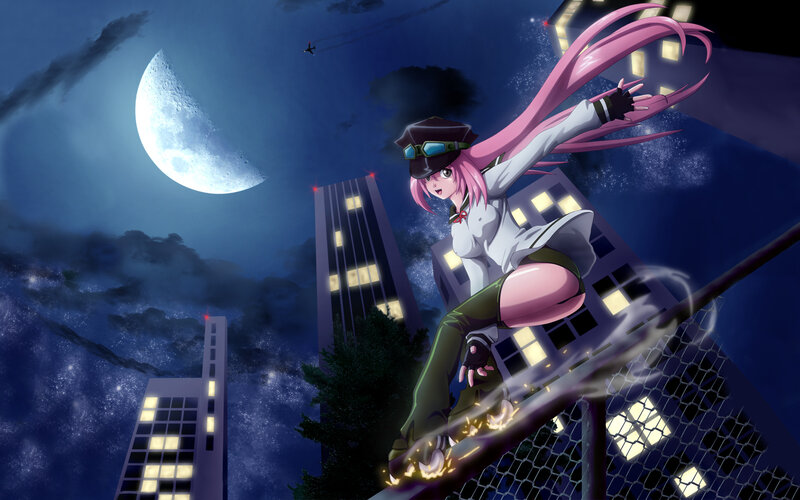 Pink-haired girl on city rooftop