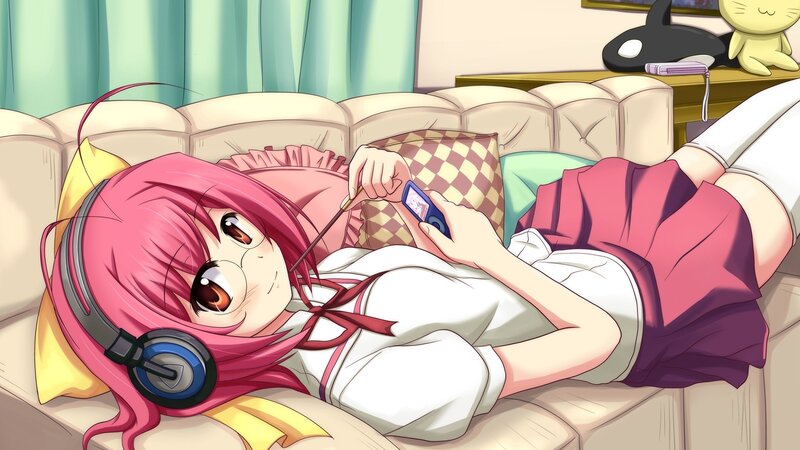 Pink-haired Girl on Couch — Pink, Relaxed, Anime, Headphones, Pillow