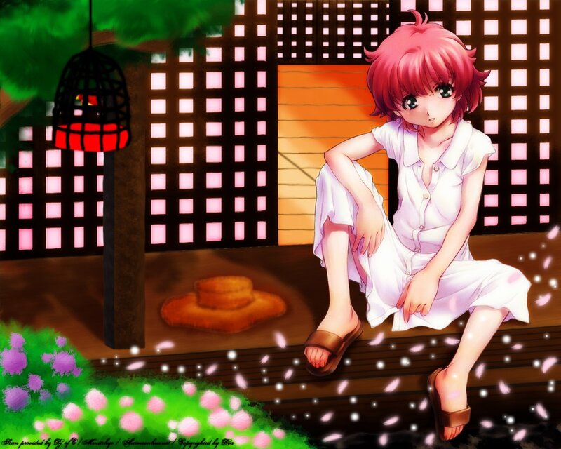 Pink-haired girl on porch