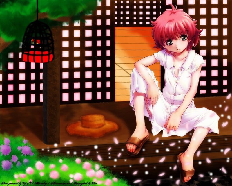 pink-haired girl on porch