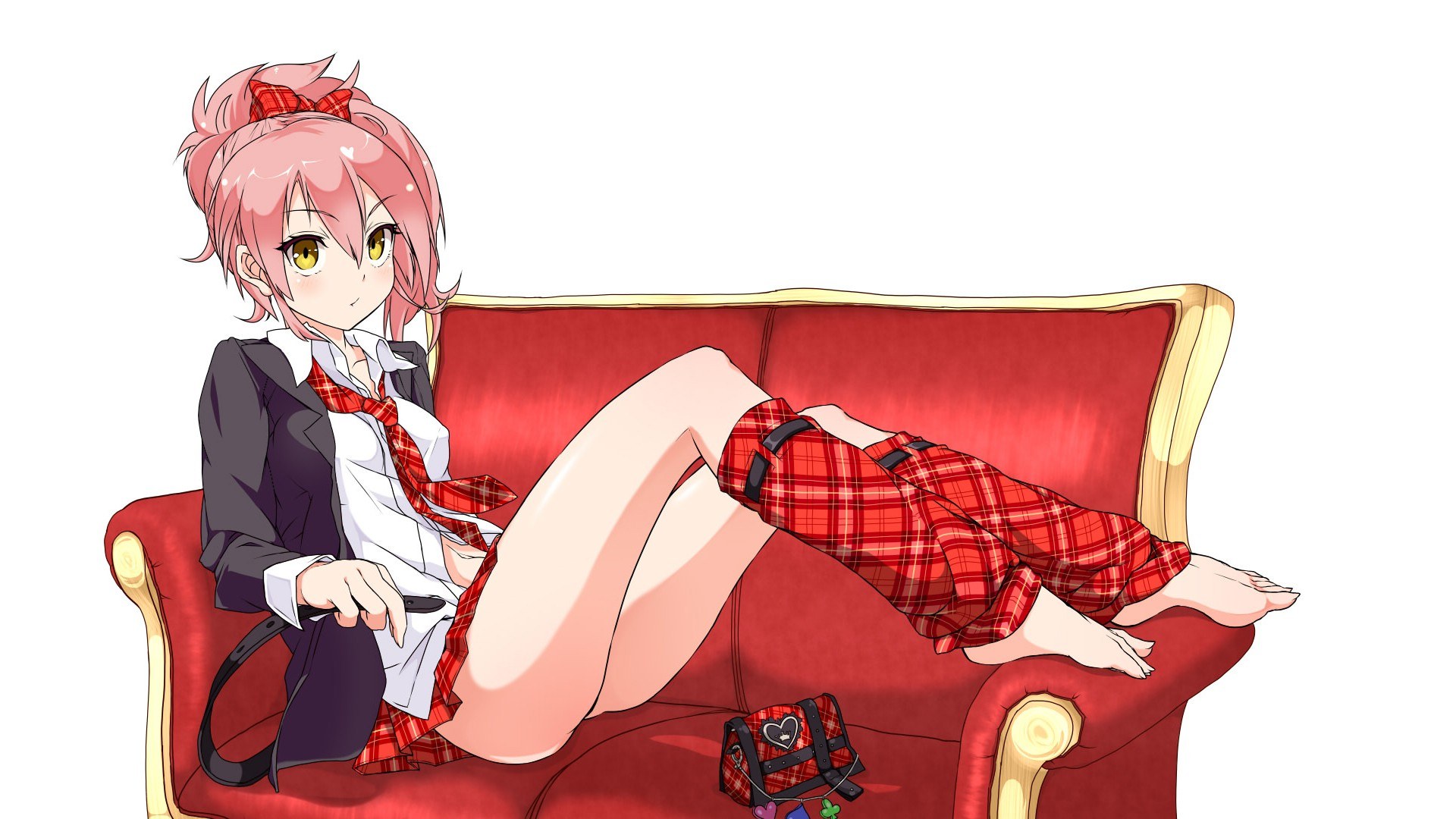 Pink-haired girl on red couch