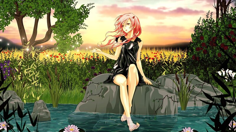 Pink-haired Girl on Rock — Green, Serene