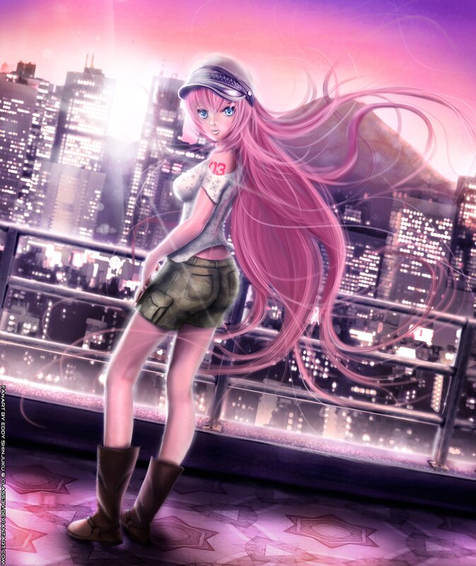 pink-haired girl on rooftop
