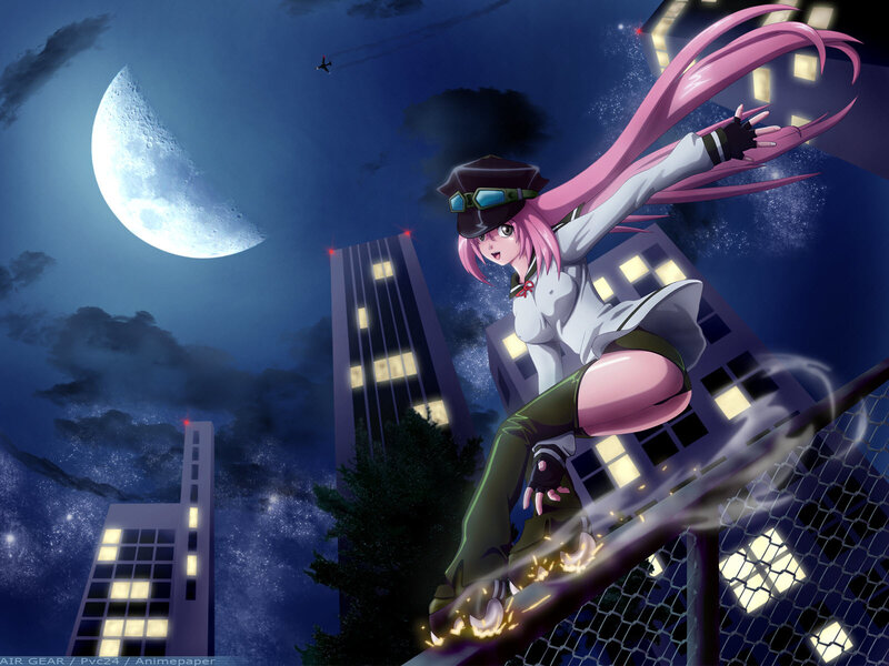 Pink-haired girl on rooftop at night
