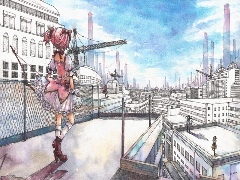 Pink-haired Girl on Rooftop — Blue