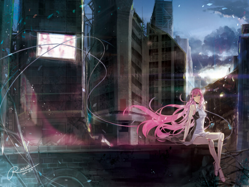 Pink-haired Girl on Rooftop — Pink, Dramatic, Night