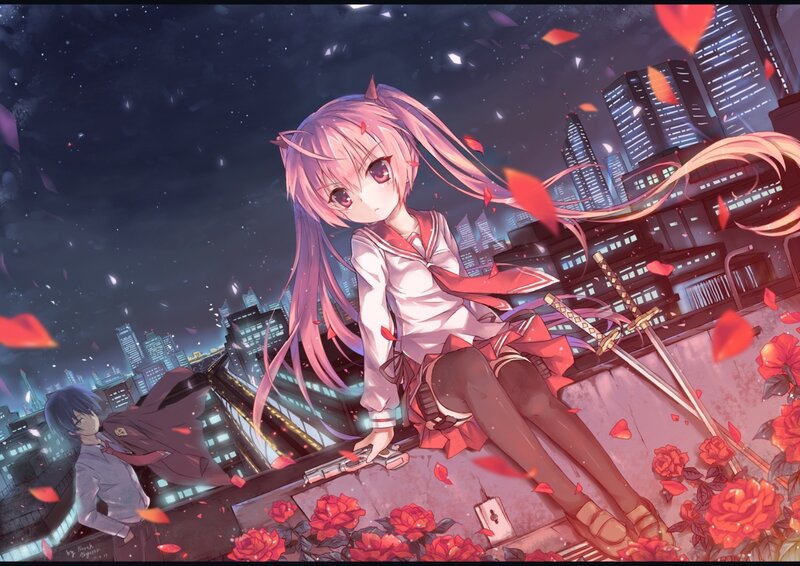 Pink-haired Girl on Rooftop — Pink, Dramatic