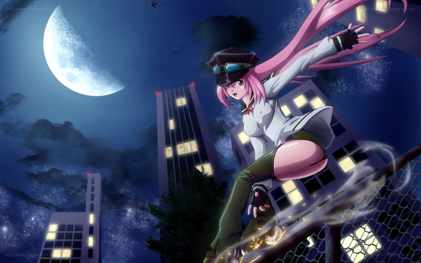 pink-haired girl on rooftop