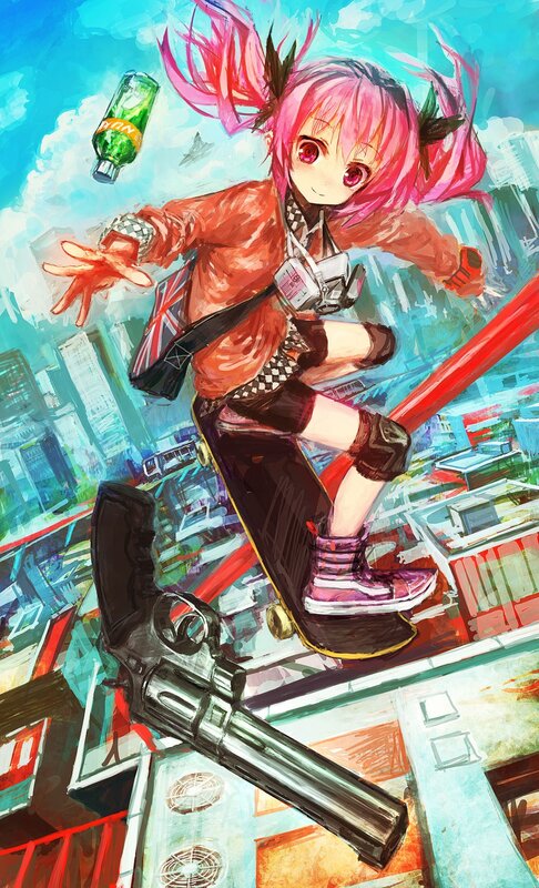 Pink-haired girl on skateboard