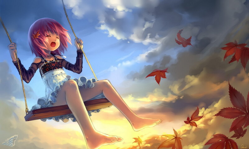 Pink-haired Girl on Swing — Blue