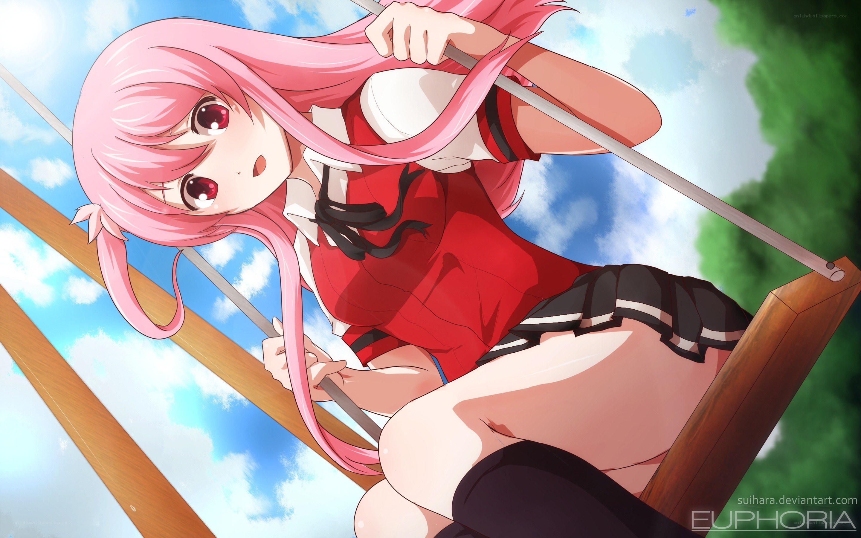 pink-haired girl on swing