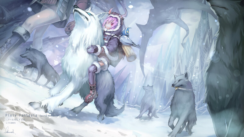 Pink-haired Girl on Wolf