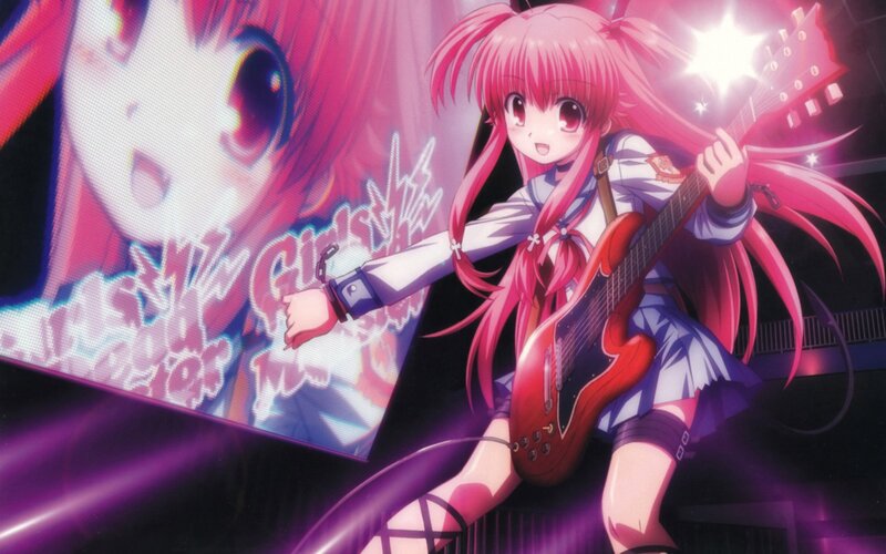 Pink-haired girl playing guitar