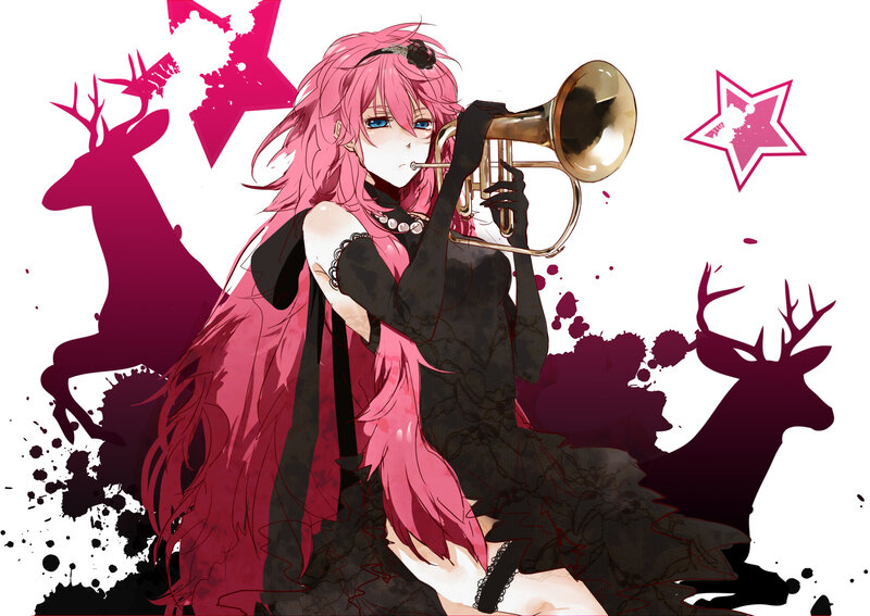 pink-haired girl playing trumpet