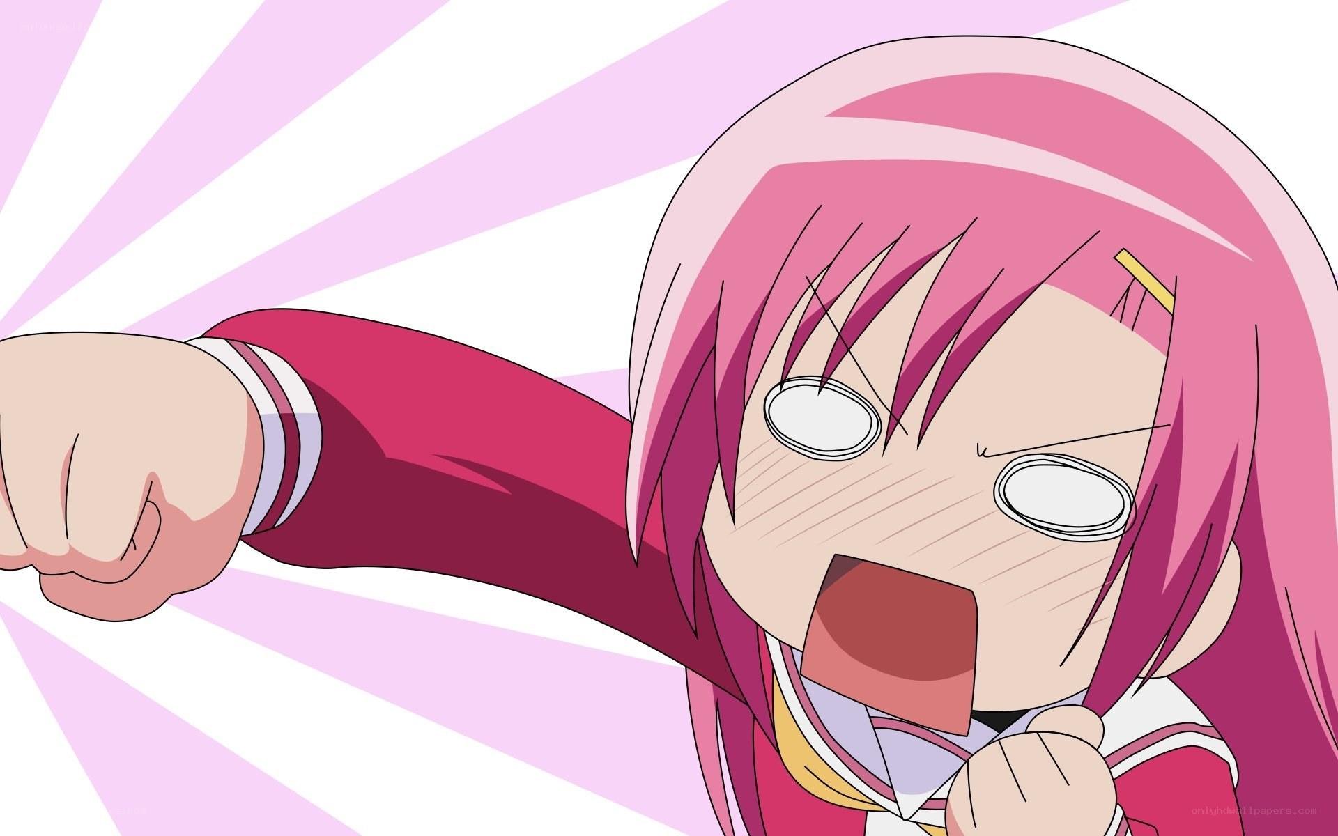 pink-haired girl punching