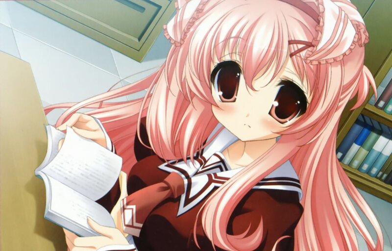 pink-haired girl reading book