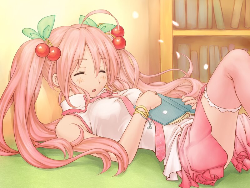 Pink-haired girl reading book