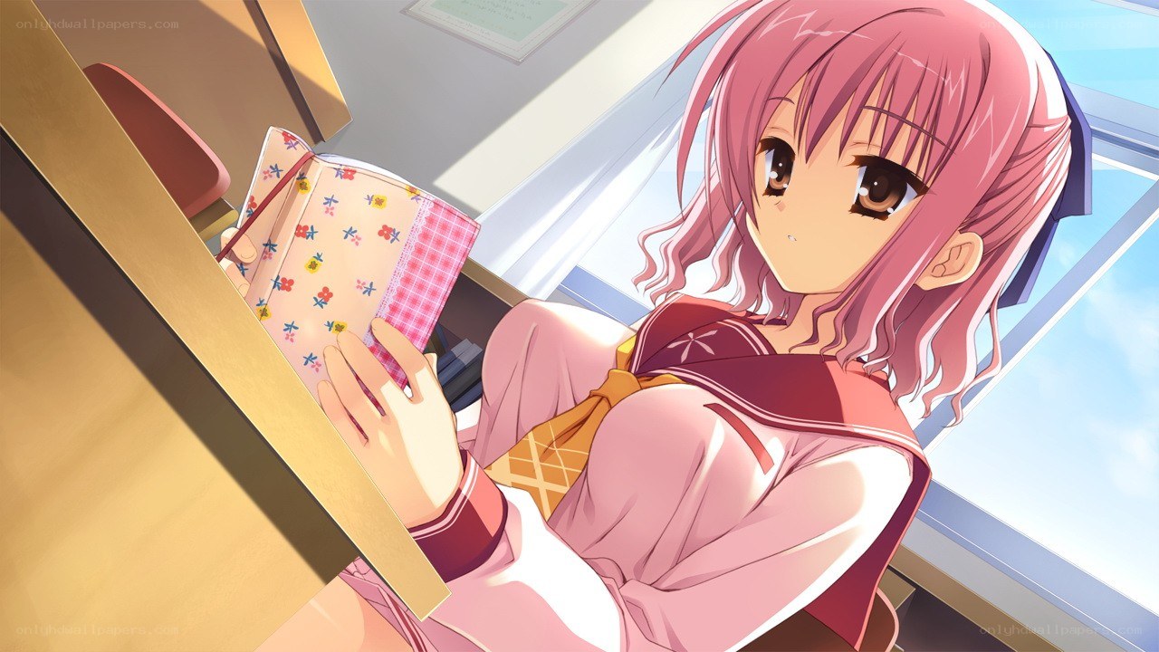 pink-haired girl reading book