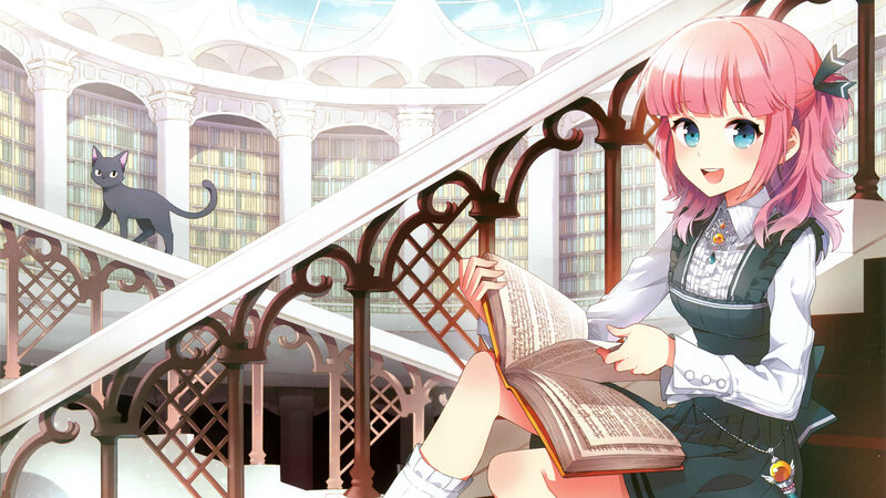 Pink-haired girl reading in library