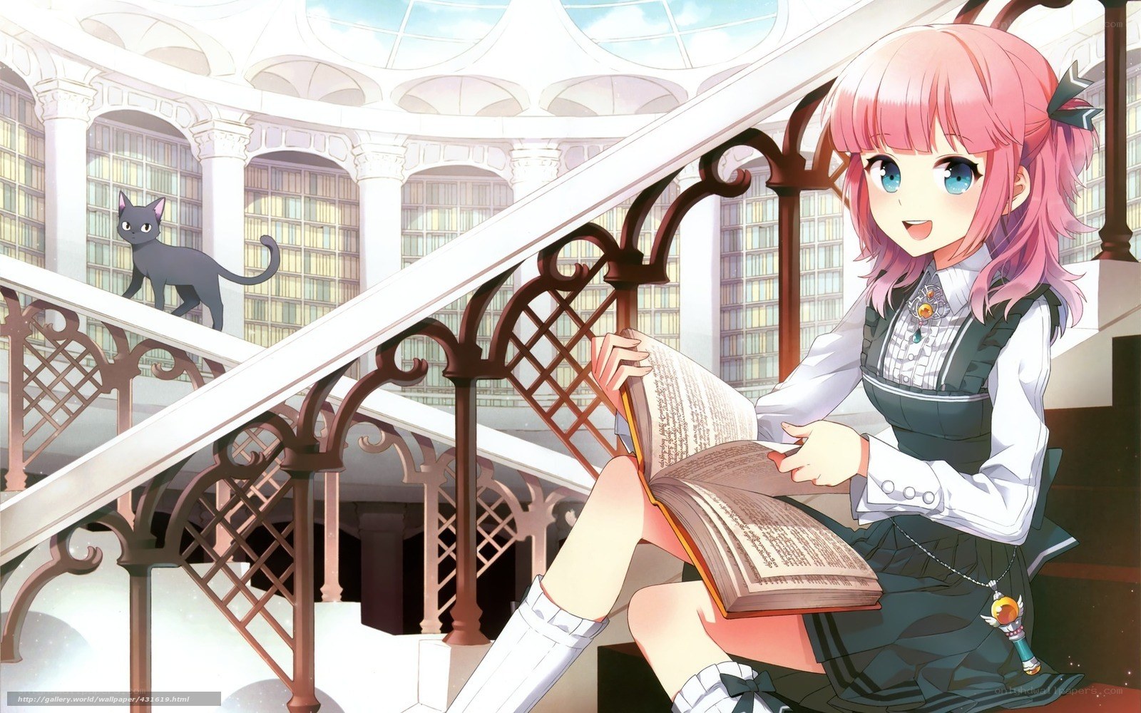 Pink-haired girl reading in library