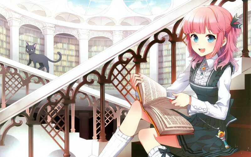 Pink-haired Girl Reading — Pink, Calm, Afternoon, Anime, Cat, Book