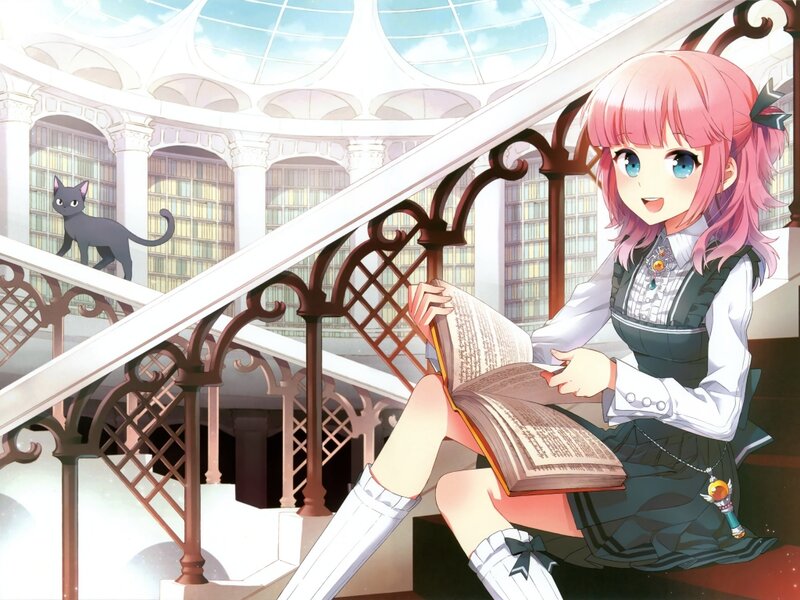 Pink-haired Girl Reading — Pink, Calm, Afternoon, Anime, Cat