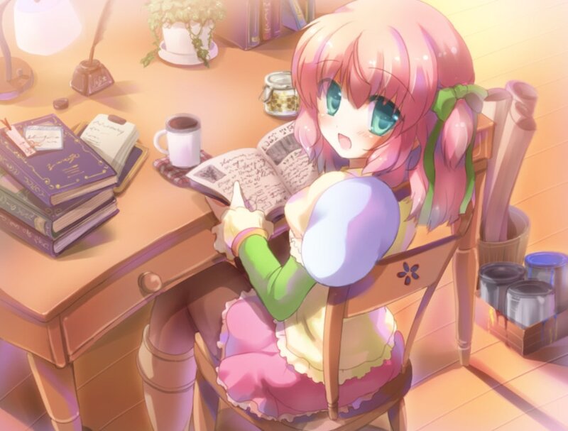 Pink-haired Girl Reading — Pink, Calm, Afternoon, Anime, Desk
