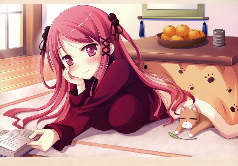 Pink-haired Girl Reading — Pink, Calm, Morning, Anime, Cat
