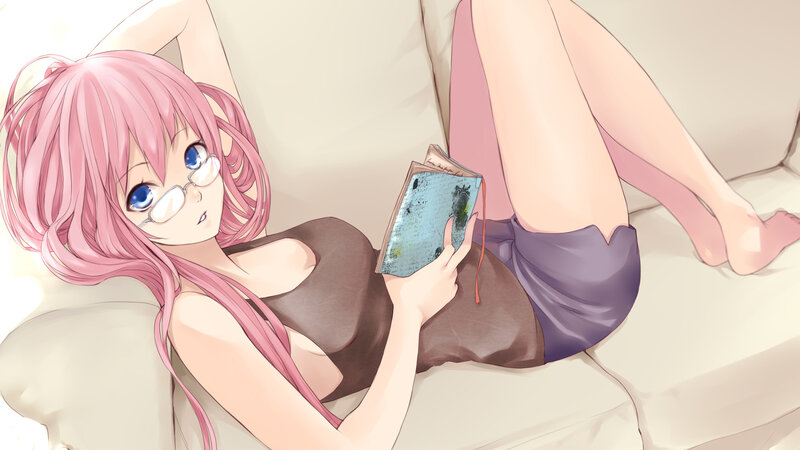 Pink-haired Girl Reading — Pink, Relaxed, Anime, Book, Glasses, Couch