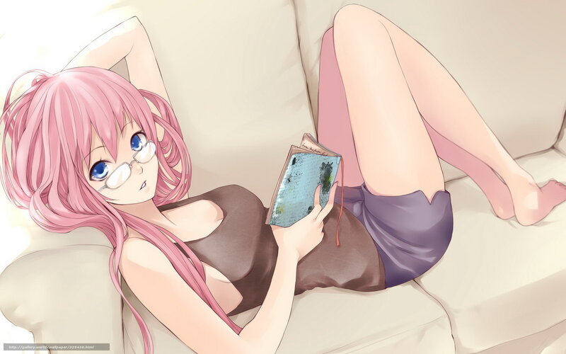 Pink-haired Girl Reading — Pink, Relaxed, Anime, Glasses, Book, Couch