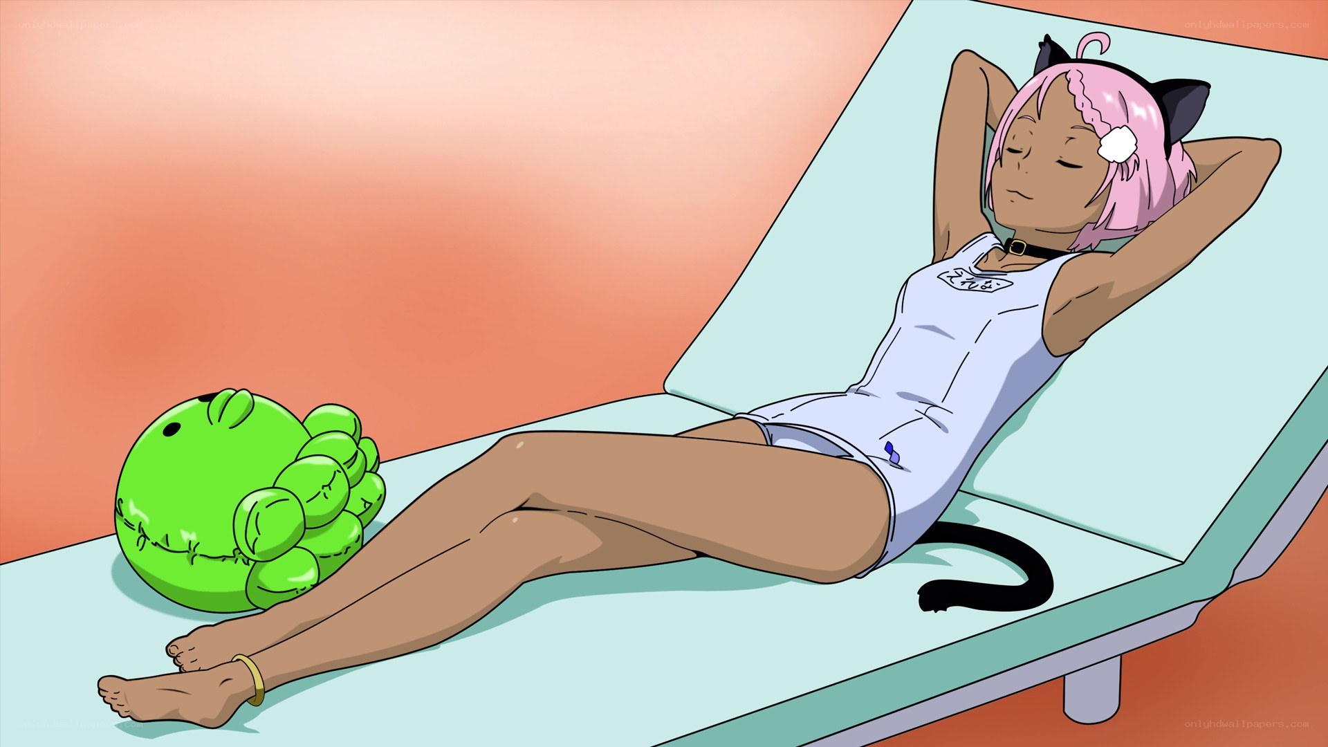 pink-haired girl resting on lounge