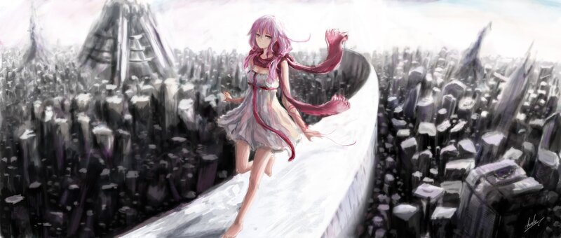 Pink-haired Girl Running — White, Dramatic, Digital Art, Cityscape