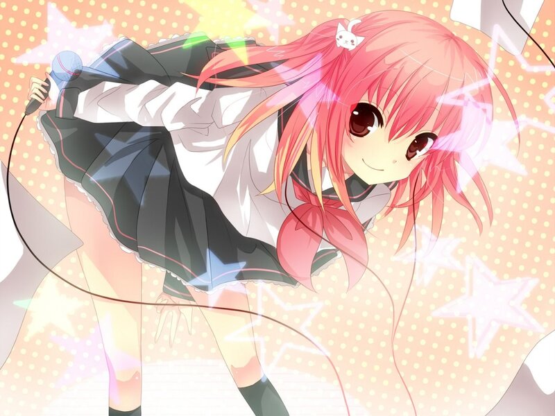 Pink-haired Girl Singing — Pink, Energetic, Anime, Microphone, Stars