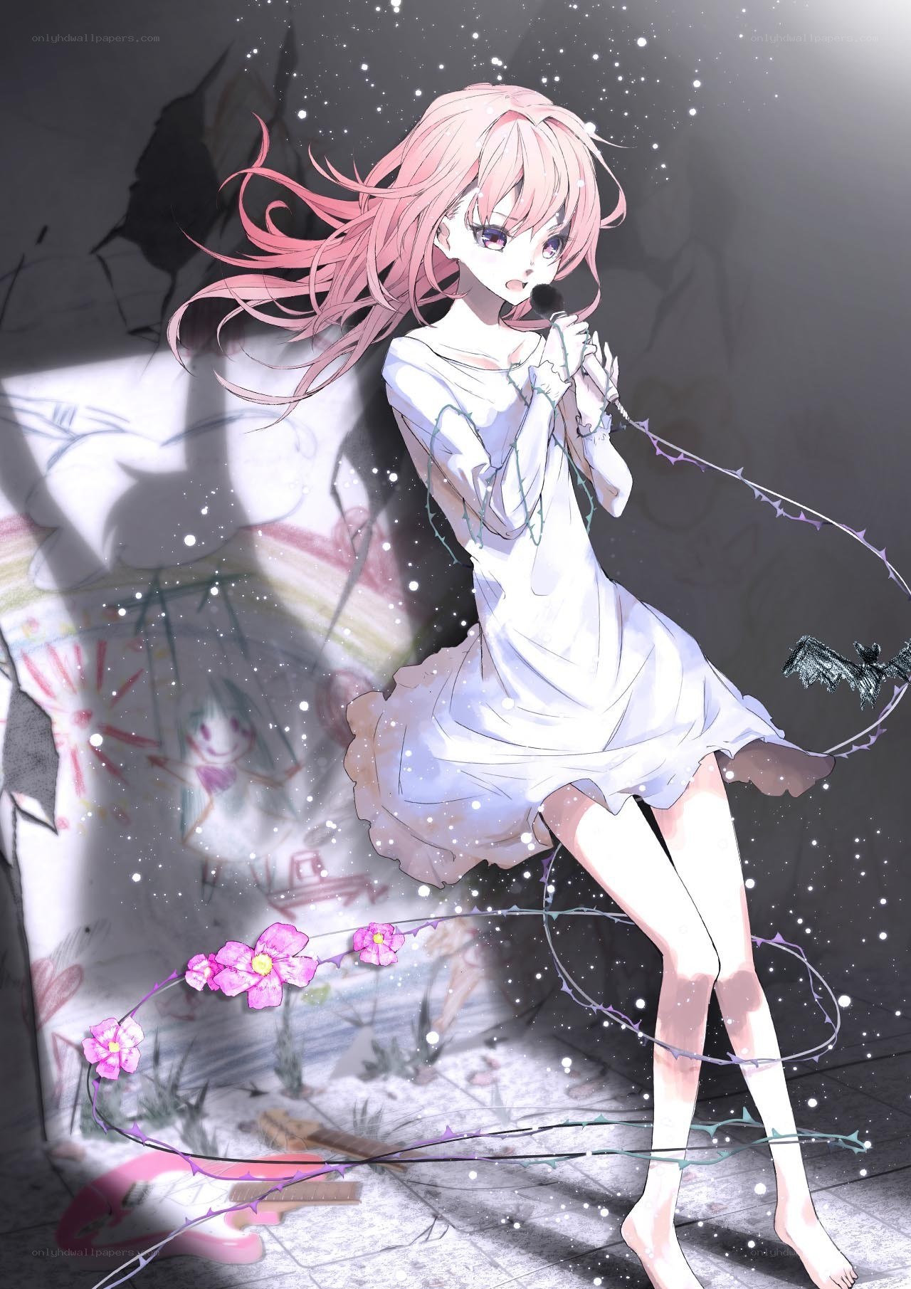 Pink-haired girl singing with flowers