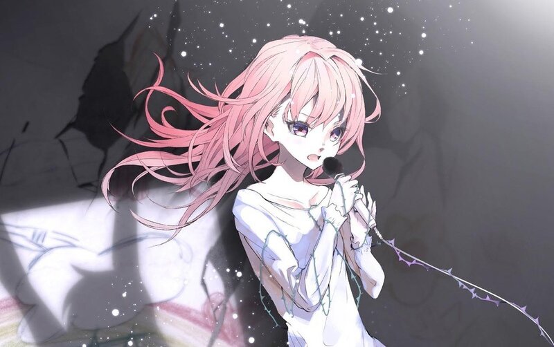 pink-haired girl singing with microphone