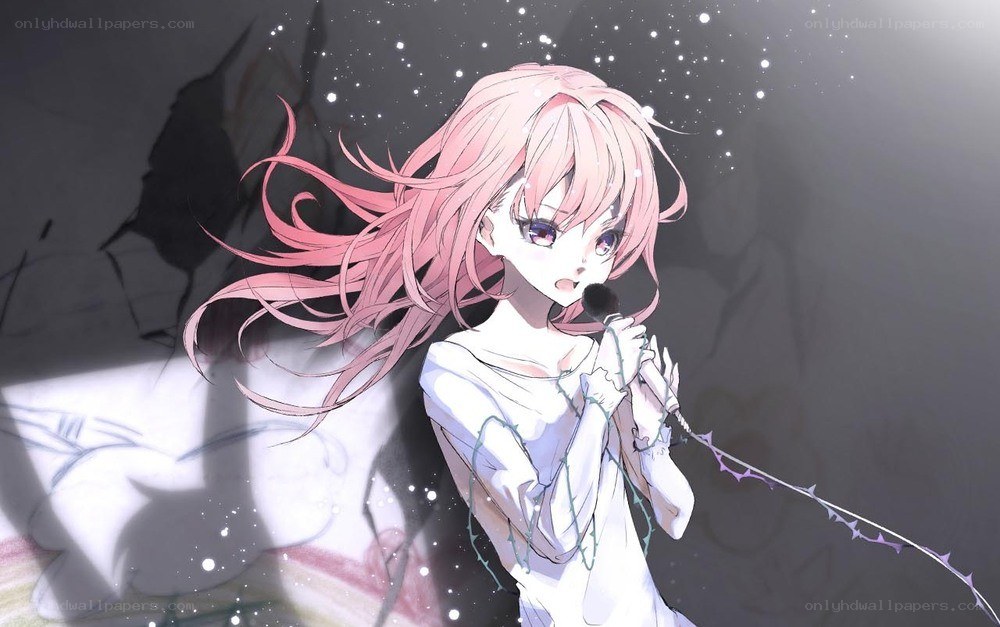 pink-haired girl singing with microphone