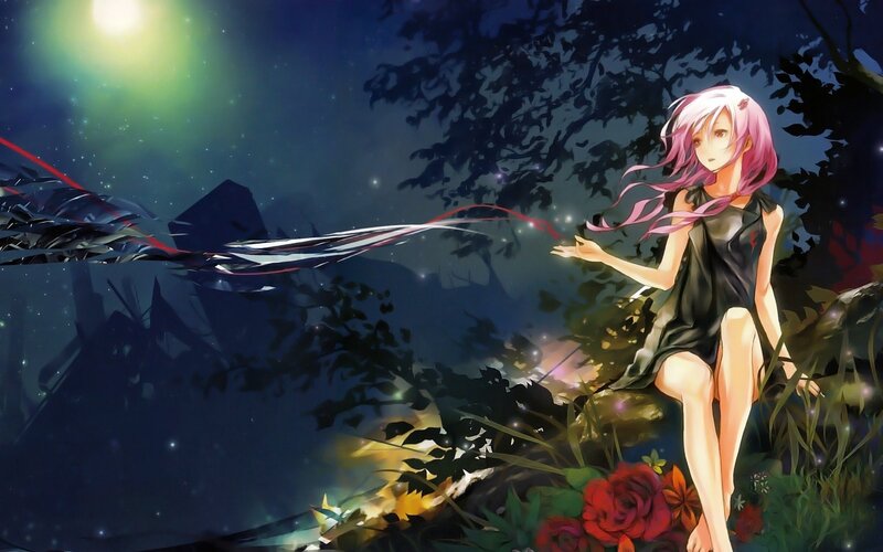 Pink-haired Girl Sitting — Black, Serene, Night