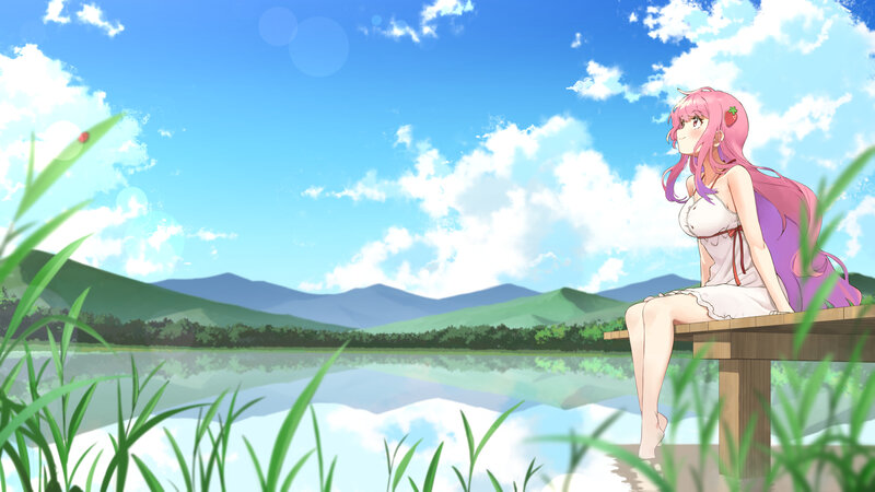 Pink-haired Girl Sitting — Blue, Serene, Afternoon, Anime, Lake