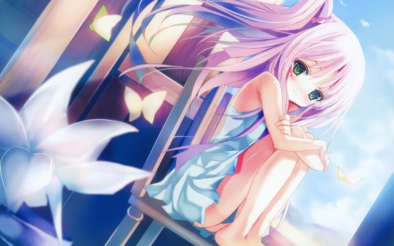 Pink-haired Girl Sitting — Blue, Serene, Afternoon, Anime